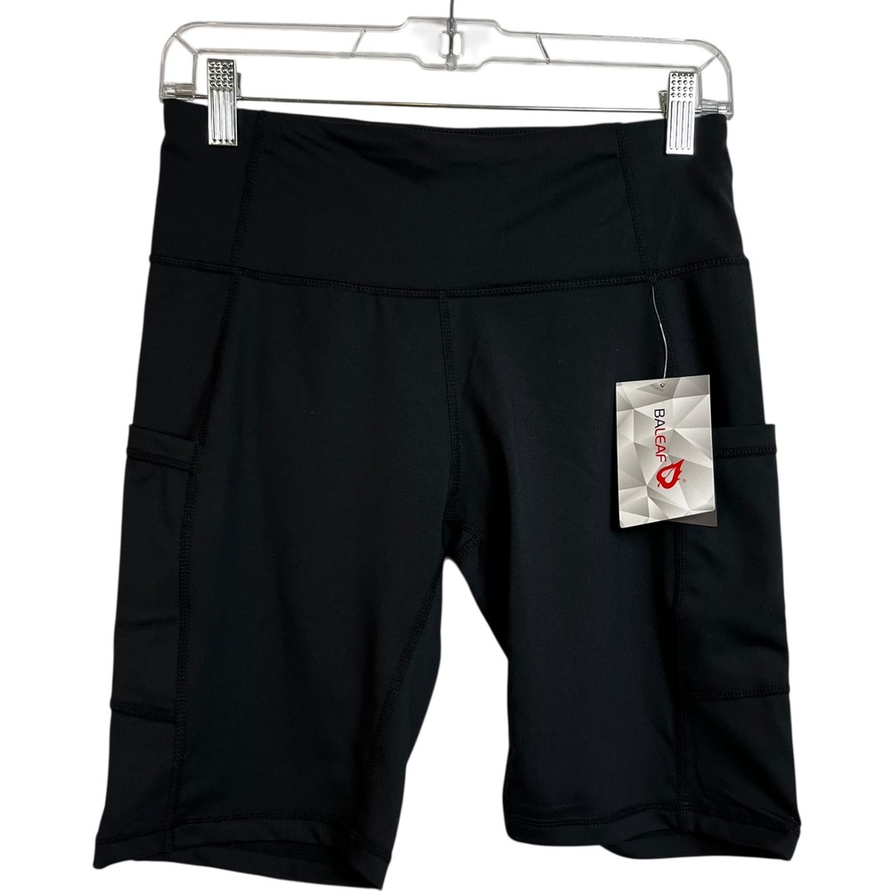 NWT BALEAF Women Black Athletic Bike Shorts Pockets Mid Thigh Workout Gym Size M